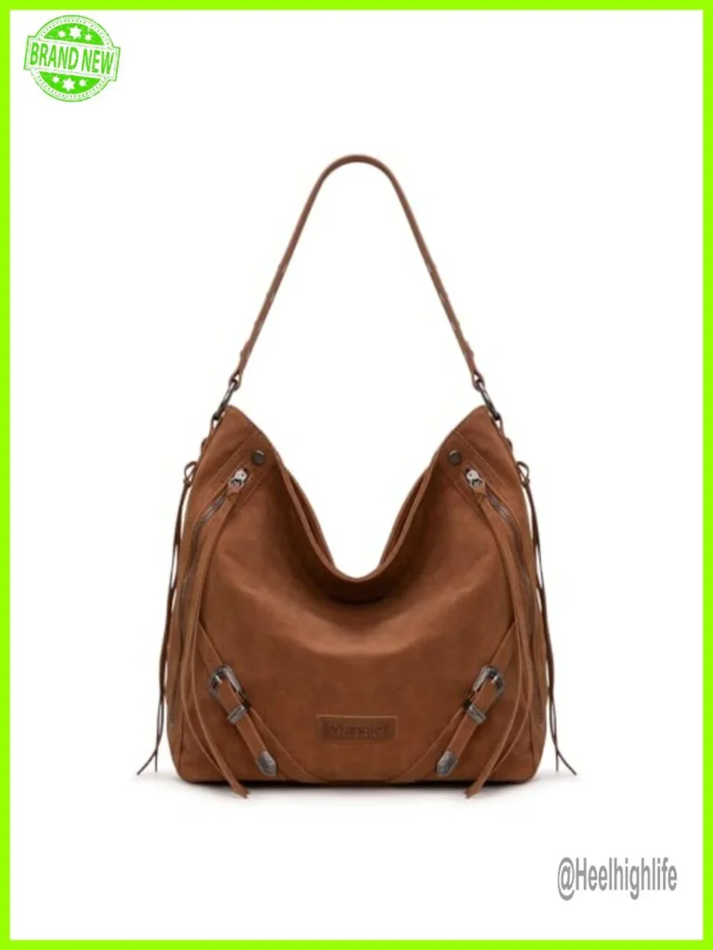 Faux Suede Hobo Bag with Fringe Buckle Zipper Shoulder Crossbody Purse